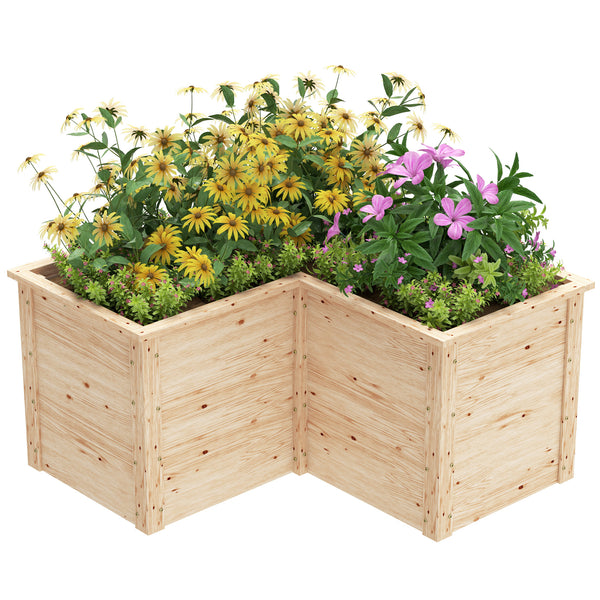 Jardinière en forme de L, lit surélevé de jardin, jardinière extérieure à fond ouvert, bac à fleurs en bois pour terrasse patio, 120 x 120 x 62 cm, bois naturel