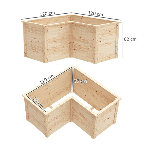Jardinière en forme de L, lit surélevé de jardin, jardinière extérieure à fond ouvert, bac à fleurs en bois pour terrasse patio, 120 x 120 x 62 cm, bois naturel