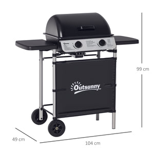 Barbecue gaz 2 brûleurs en acier inoxydable, puissance 2,8 kW, barbecue de jardin 2 grilles en chromé, 2 étagères latérales, 2 roues, pour camping, balcon et terrasse, noir