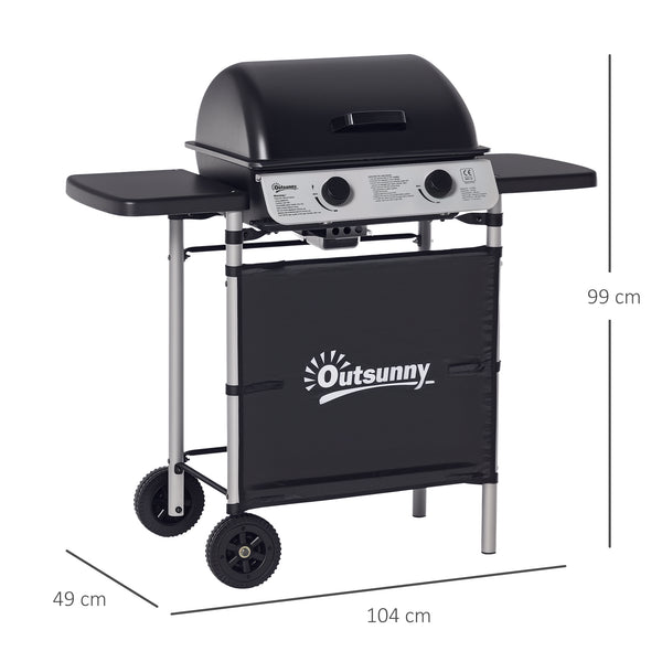 Barbecue gaz 2 brûleurs en acier inoxydable, puissance 2,8 kW, barbecue de jardin 2 grilles en chromé, 2 étagères latérales, 2 roues, pour camping, balcon et terrasse, noir
