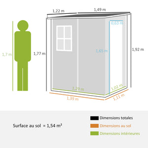 Abri de jardin 1,54 m² cabane de jardin pour outils - porte verrouillable, aération et fenêtre - dim. 122L x 149l x 192/177H cm - aluminium et PP, gris