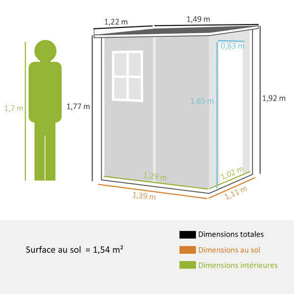 Abri de jardin 1,54 m² cabane de jardin pour outils - porte verrouillable, aération et fenêtre - dim. 122L x 149l x 192/177H cm - aluminium et PP, gris