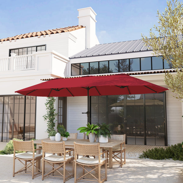 Parasol de jardin extérieur, parasol double rectangulaire 4 x 2,2 x 2,3 m avec ouverture fermeture manivelle, toile 180 g/m² pour balcon, piscine, terrasse, rouge vineux