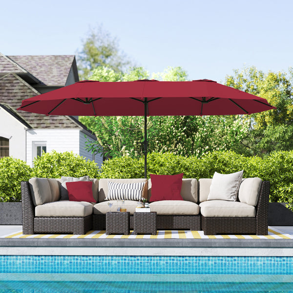Parasol de jardin extérieur, parasol double rectangulaire 4 x 2,2 x 2,3 m avec ouverture fermeture manivelle, toile 180 g/m² pour balcon, piscine, terrasse, rouge vineux