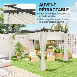 Pergola jardin exterieur 3 x 4 m pergola coulissante rétractable avec parois latérales, tonnelle de jardin, polyester haute densité 180g/m², abri soleil UPF30+, pour terrasse, patio, crème