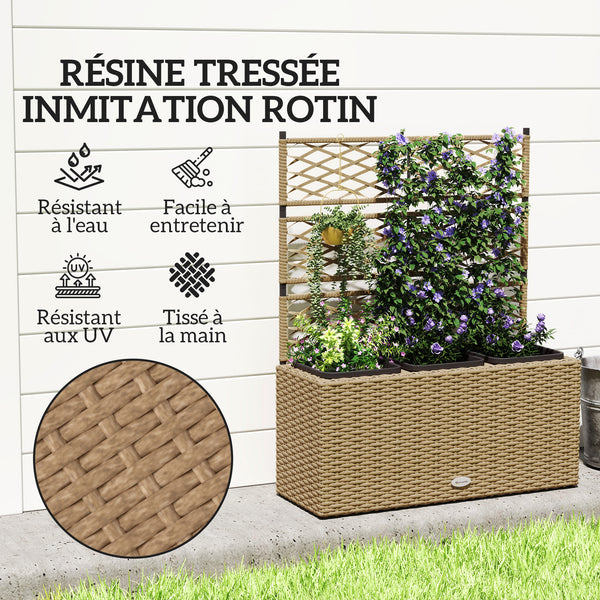 Jardinière pour plantes avec treillis 3 pots bacs à plante jardinière 33L jardin balcon patio terrasse extérieur en résine tressée et acier 84 x 30 x 107 cm sable noir