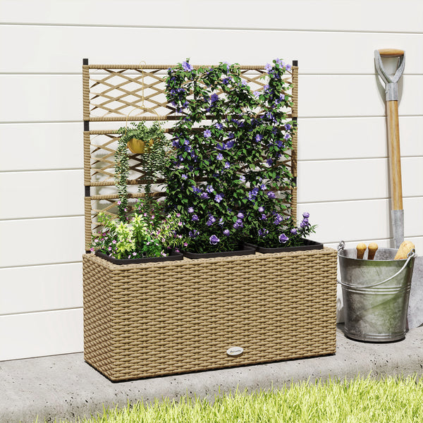 Jardinière pour plantes avec treillis 3 pots bacs à plante jardinière 33L jardin balcon patio terrasse extérieur en résine tressée et acier 84 x 30 x 107 cm sable noir