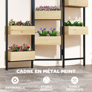 Séparateur de pièce avec 6 bacs à plantes, paravent extérieur pliable à 3 panneaux avec trou de drainage et doublure, pour l'intérieur et l'extérieur, patio, balcon, salon, bois naturel