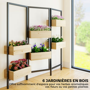 Séparateur de pièce avec 6 bacs à plantes, paravent extérieur pliable à 3 panneaux avec trou de drainage et doublure, pour l'intérieur et l'extérieur, patio, balcon, salon, bois naturel