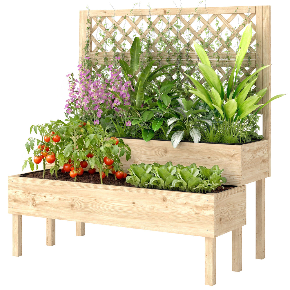 Jardinière à 2 Niveaux avec Treillis, bac à fleurs, lit surélevé avec tissu non tissé, pour plantes grimpantes, légumes, bois, intérieur et extérieur, 108 x 62 x 120 cm effet bois naturelle