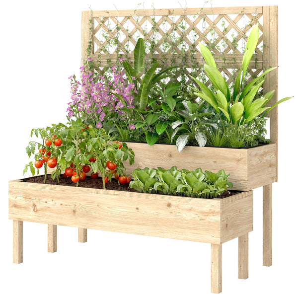Jardinière à 2 Niveaux avec Treillis, bac à fleurs, lit surélevé avec tissu non tissé, pour plantes grimpantes, légumes, bois, intérieur et extérieur, 108 x 62 x 120 cm effet bois naturelle