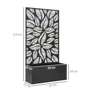 Jardinière avec treillis, brise-vue paravent, jardinière extérieure métal sur pieds ou murale, motifs de feuilles ajourée, bac à fleurs rectangulaire balcon terrasse patio, 61x23x113 cm, noir