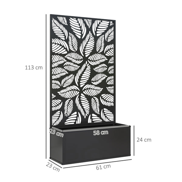 Jardinière avec treillis, brise-vue paravent, jardinière extérieure métal sur pieds ou murale, motifs de feuilles ajourée, bac à fleurs rectangulaire balcon terrasse patio, 61x23x113 cm, noir