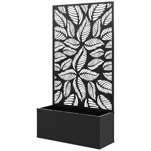 Jardinière avec treillis, brise-vue paravent, jardinière extérieure métal sur pieds ou murale, motifs de feuilles ajourée, bac à fleurs rectangulaire balcon terrasse patio, 61x23x113 cm, noir