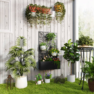 Jardinière avec treillis, brise-vue paravent, jardinière extérieure métal sur pieds ou murale, motifs de feuilles ajourée, bac à fleurs rectangulaire balcon terrasse patio, 61x23x113 cm, noir