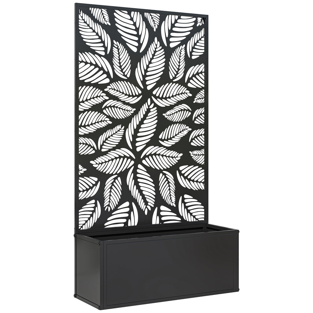 Jardinière avec treillis, brise-vue paravent, jardinière extérieure métal sur pieds ou murale, motifs de feuilles ajourée, bac à fleurs rectangulaire balcon terrasse patio, 61x23x113 cm, noir