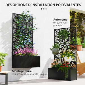 Jardinière avec treillis, brise-vue paravent, jardinière extérieure métal sur pieds ou murale, motifs de feuilles ajourée, bac à fleurs rectangulaire balcon terrasse patio, 61x23x113 cm, noir