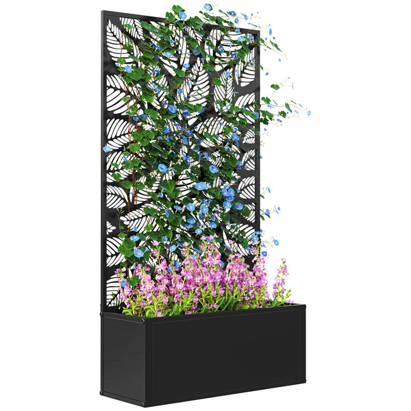 Jardinière avec treillis, brise-vue paravent, jardinière extérieure métal sur pieds ou murale, motifs de feuilles ajourée, bac à fleurs rectangulaire balcon terrasse patio, 61x23x113 cm, noir