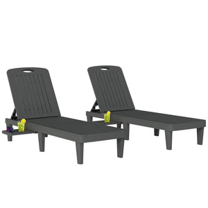 Lot de 2 chaises longues de jardin, en plastique PP avec plateau latéral, inclinables à 5 positions, tout temps, pour terrasse, piscine, jardin, plage, gris