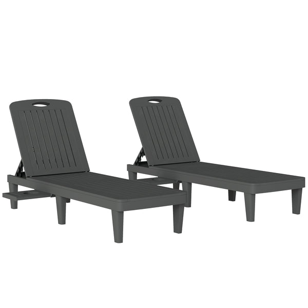 Lot de 2 chaises longues de jardin, en plastique PP avec plateau latéral, inclinables à 5 positions, tout temps, pour terrasse, piscine, jardin, plage, gris