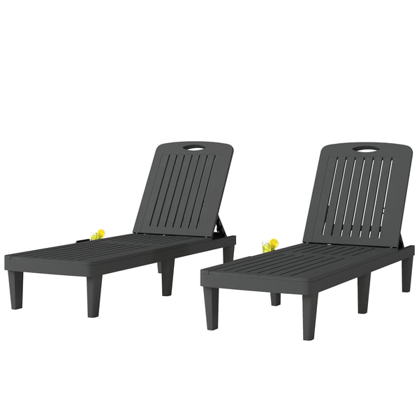 Lot de 2 chaises longues de jardin, en plastique PP avec plateau latéral, inclinables à 5 positions, tout temps, pour terrasse, piscine, jardin, plage, gris