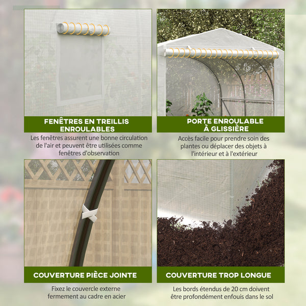 Serre de jardin serre tunnel de Jardin dim. 3,5L x 3l x 2H m Porte + 6 fenêtres enroulables Acier galvanisé bâche PE Haute densité Blanc