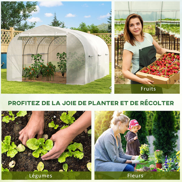 Serre de jardin serre tunnel de Jardin dim. 3,5L x 3l x 2H m Porte + 6 fenêtres enroulables Acier galvanisé bâche PE Haute densité Blanc