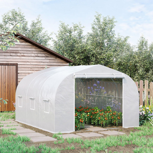 Serre de jardin serre tunnel de Jardin dim. 3,5L x 3l x 2H m Porte + 6 fenêtres enroulables Acier galvanisé bâche PE Haute densité Blanc