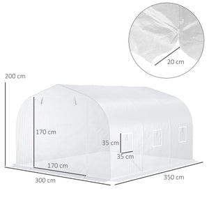 Serre de jardin serre tunnel de Jardin dim. 3,5L x 3l x 2H m Porte + 6 fenêtres enroulables Acier galvanisé bâche PE Haute densité Blanc