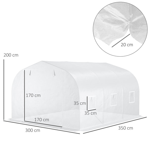 Serre de jardin serre tunnel de Jardin dim. 3,5L x 3l x 2H m Porte + 6 fenêtres enroulables Acier galvanisé bâche PE Haute densité Blanc