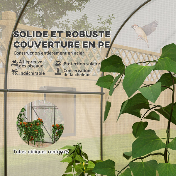Serre de jardin serre tunnel de Jardin dim. 3,5L x 3l x 2H m Porte + 6 fenêtres enroulables Acier galvanisé bâche PE Haute densité Blanc