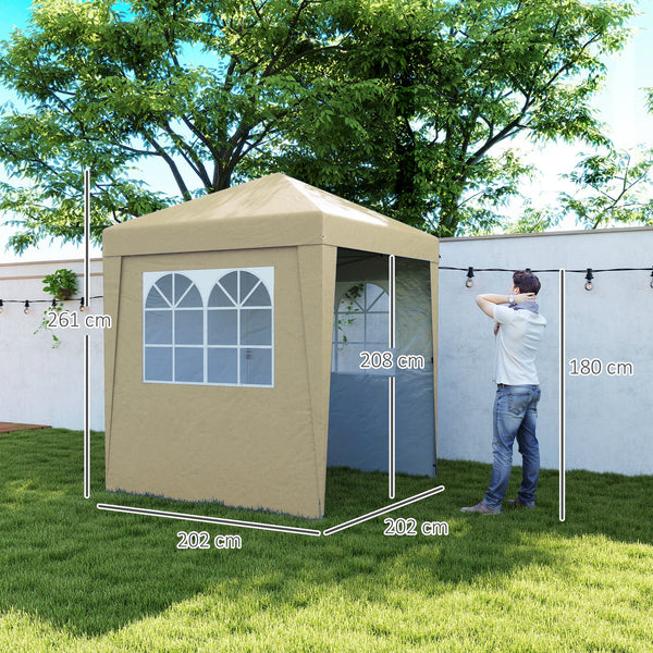 Tonnelle de jardin pliante pop-up 2 x 2 m tente de réception hauteur réglable 3 niveaux Anti-UV 30+ 3 parois latérales avec 4 sacs de sable et 1 sac de transport tissu Oxford acier beige