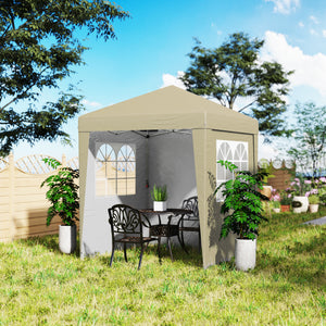 Tonnelle de jardin pliante pop-up 2 x 2 m tente de réception hauteur réglable 3 niveaux Anti-UV 30+ 3 parois latérales avec 4 sacs de sable et 1 sac de transport tissu Oxford acier beige