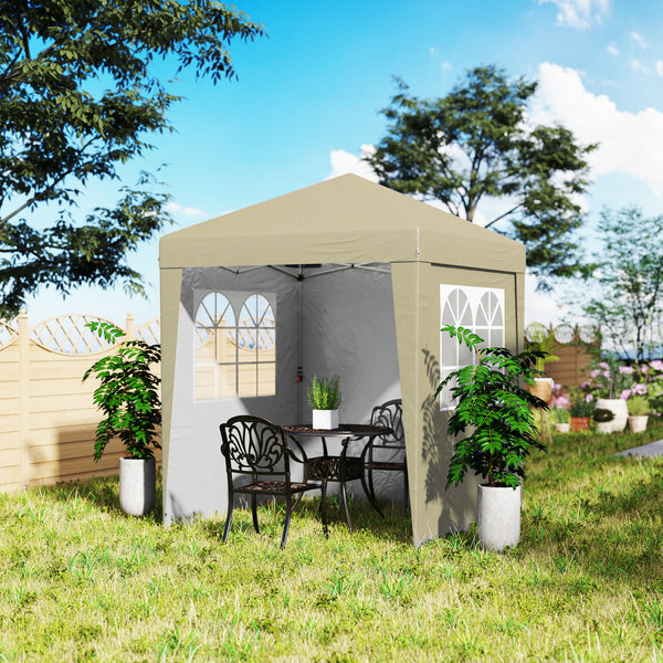 Tonnelle de jardin pliante pop-up 2 x 2 m tente de réception hauteur réglable 3 niveaux Anti-UV 30+ 3 parois latérales avec 4 sacs de sable et 1 sac de transport tissu Oxford acier beige
