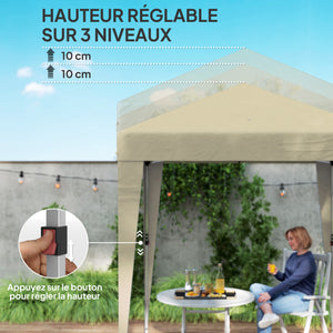 Tonnelle de jardin pliante pop-up 2 x 2 m tente de réception hauteur réglable 3 niveaux Anti-UV 30+ 3 parois latérales avec 4 sacs de sable et 1 sac de transport tissu Oxford acier beige