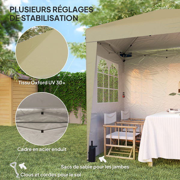 Tonnelle de jardin pliante pop-up 2 x 2 m tente de réception hauteur réglable 3 niveaux Anti-UV 30+ 3 parois latérales avec 4 sacs de sable et 1 sac de transport tissu Oxford acier beige
