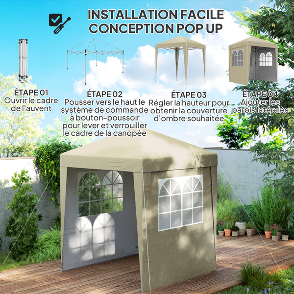 Tonnelle de jardin pliante pop-up 2 x 2 m tente de réception hauteur réglable 3 niveaux Anti-UV 30+ 3 parois latérales avec 4 sacs de sable et 1 sac de transport tissu Oxford acier beige
