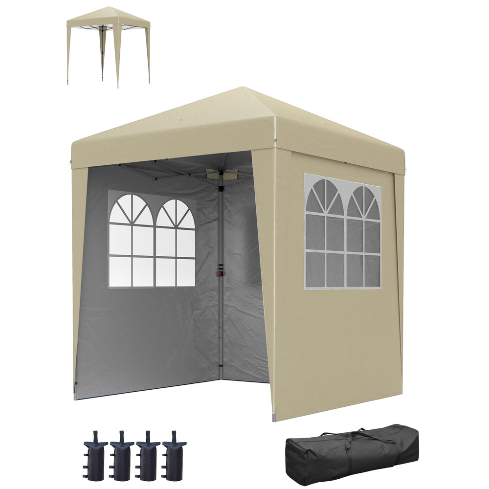 Tonnelle de jardin pliante pop-up 2 x 2 m tente de réception hauteur réglable 3 niveaux Anti-UV 30+ 3 parois latérales avec 4 sacs de sable et 1 sac de transport tissu Oxford acier beige