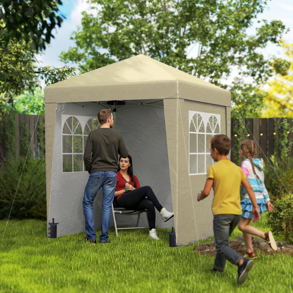 Tonnelle de jardin pliante pop-up 2 x 2 m tente de réception hauteur réglable 3 niveaux Anti-UV 30+ 3 parois latérales avec 4 sacs de sable et 1 sac de transport tissu Oxford acier beige