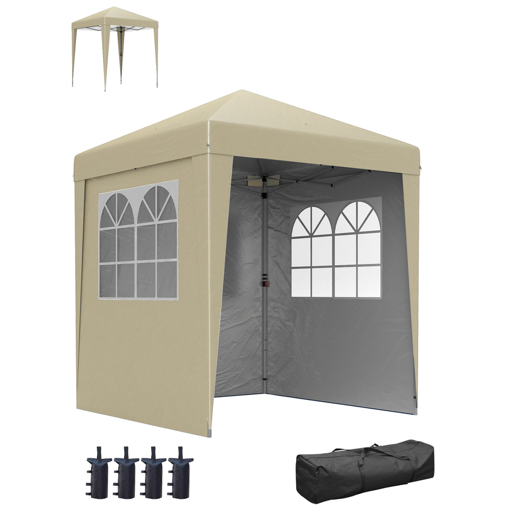 Tonnelle de jardin pliante pop-up 2 x 2 m tente de réception hauteur réglable 3 niveaux Anti-UV 30+ 3 parois latérales avec 4 sacs de sable et 1 sac de transport tissu Oxford acier beige