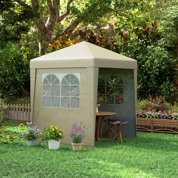 Tonnelle de jardin pliante pop-up 2 x 2 m tente de réception hauteur réglable 3 niveaux Anti-UV 30+ 3 parois latérales avec 4 sacs de sable et 1 sac de transport tissu Oxford acier beige