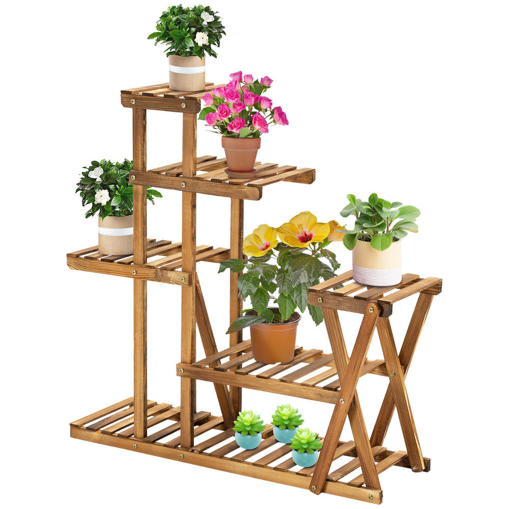 Étagère à Fleurs en Bois Supports de Pots Porte Plante Bois 6 tablettes - dim. 98L x 28l x 95H cm - Bois de Sapin traité carbonisation pour Intérieur Jardin Terrasse Balcon