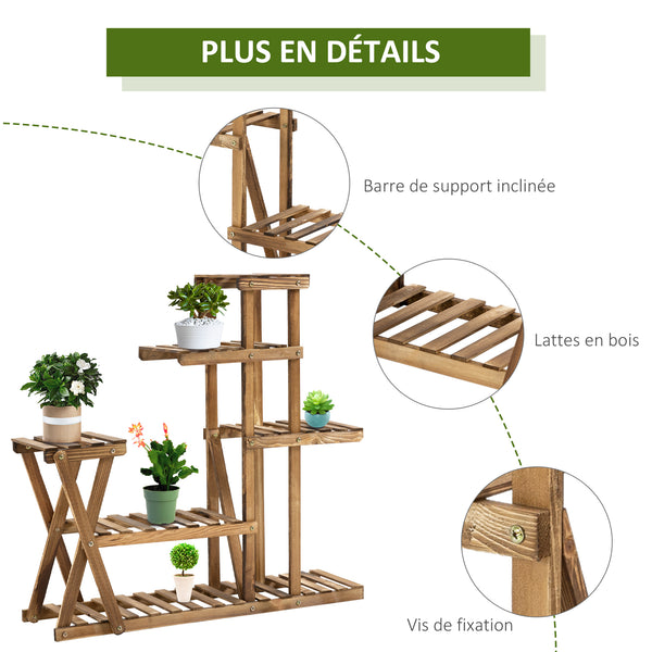 Étagère à Fleurs en Bois Supports de Pots Porte Plante Bois 6 tablettes - dim. 98L x 28l x 95H cm - Bois de Sapin traité carbonisation pour Intérieur Jardin Terrasse Balcon
