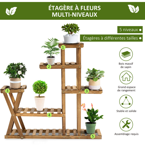Étagère à Fleurs en Bois Supports de Pots Porte Plante Bois 6 tablettes - dim. 98L x 28l x 95H cm - Bois de Sapin traité carbonisation pour Intérieur Jardin Terrasse Balcon