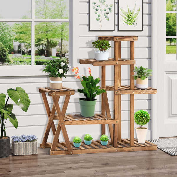 Étagère à Fleurs en Bois Supports de Pots Porte Plante Bois 6 tablettes - dim. 98L x 28l x 95H cm - Bois de Sapin traité carbonisation pour Intérieur Jardin Terrasse Balcon