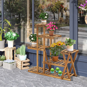 Étagère à Fleurs en Bois Supports de Pots Porte Plante Bois 6 tablettes - dim. 98L x 28l x 95H cm - Bois de Sapin traité carbonisation pour Intérieur Jardin Terrasse Balcon