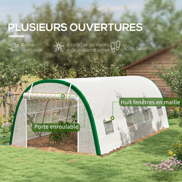 Serre de Jardin Tunnel 18 m² serre à tomates dim. 6L x 3l x 2H m - 8 fenêtres, Porte zippée Enroulable - châssis Tubulaire Acier galvanisé, bâche PE Haute densité Blanc