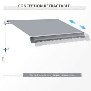 Store banne manuel rétractable 395 x 245 cm store exterieur terrasse avec manivelle, angle réglable 45°-85°, aluminium et polyester 280 g/m², protection UV, auvent de terrasse, gris