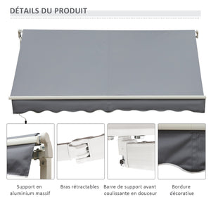 Store banne manuel rétractable 395 x 245 cm store exterieur terrasse avec manivelle, angle réglable 45°-85°, aluminium et polyester 280 g/m², protection UV, auvent de terrasse, gris