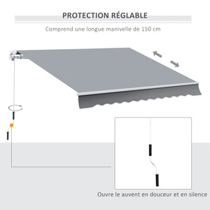 Store banne manuel rétractable 395 x 245 cm store exterieur terrasse avec manivelle, angle réglable 45°-85°, aluminium et polyester 280 g/m², protection UV, auvent de terrasse, gris
